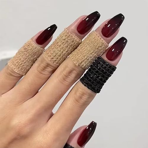 Nayyana® 24 Stück mittellange künstliche Nägel zum Aufdrücken, Sarg, weinrot, Farbverlauf, Gothic-Acrylnägel, glänzende künstliche Nägel mit Designs für Frauen von Nayyana
