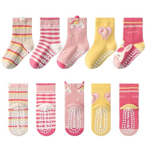 Nayyana® 5 Paar Baby Mädchen Kleinkinder Griffsocken Kinder rutschfeste/rutschfeste Einhorn gestreifte Crew Baumwolle Geschenksocken, Geschenke für Babymädchen, Kleinkinder von Nayyana