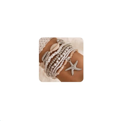 Nayyana 7 Stück Muschel-Armbänder für Frauen, Boho-Mehrschicht-Perlenarmbänder, Seestern-Armbänder, Muschel-Armbänder, Sommer-Strand-Armbänder, Schmuckzubehör für Frauen - Silber von Nayyana