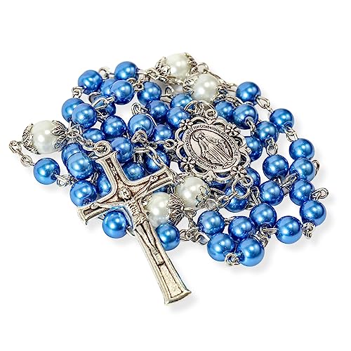 Nazareth Store Perlen-Rosenkranz, weiße Vaterunser-Perlen-Halskette, Lourdes-Medaille und Kreuz, Kruzifix, spirituelle Hingabe (Blau) von Nazareth Store