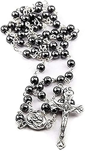 Nazareth Store Hämatit-Rosenkranz aus schwarzem Stein, langer Kreuz-Anhänger, Perlenkette, Heiliges Land von Nazareth Store