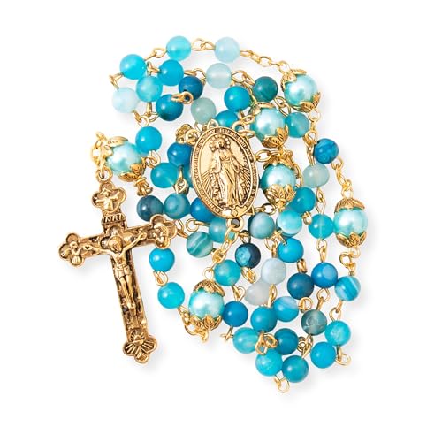 Nazareth Store Katholische Gold Rosenkranz Halskette Matt Stein Perlen Grün 10mm Perle Runde Perlen Wunderbare Medaille & Kreuz (Blau) von Nazareth Store