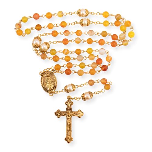Nazareth Store Katholische Gold Rosenkranz Halskette Matt Stein Perlen Grün 10mm Perle Runde Perlen Wunderbare Medaille & Kreuz (Gelb) von Nazareth Store