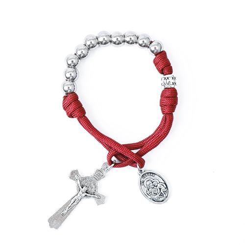 Nazareth Store Olive Military One Decade Paracord Rosenkranz Silberperlen Taschenauto Rosenkranz Beten Sie für uns St. Joseph Medaille und St. Benedikt Kreuz (Rot Paracord Rosenkranz) von Nazareth Store
