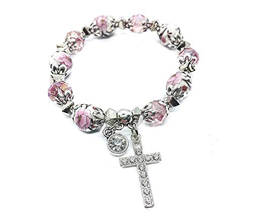 Nazareth Store Religiöses Kreuz Armband Christian Classic Perlen Armreif mit rosa Kristallperlen Heiliges Geschenk für Teen Girls Schmuck für Frauen & Männer von Nazareth Store