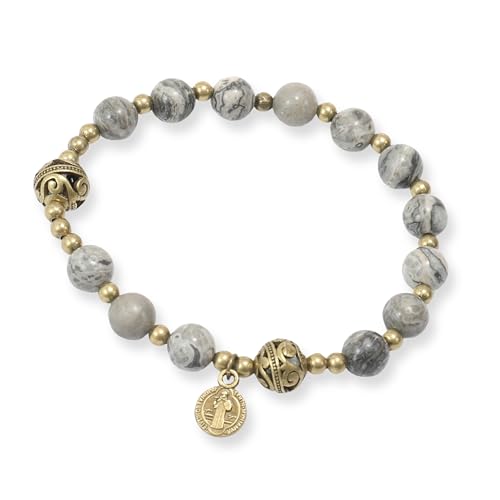 Nazareth Store Rosenkranz-Armband aus Steinperlen mit Metalltrennern und katholischer Medaille – langlebiger und eleganter Schmuck für das Handgelenk (Kartenstein | St. Benedikt) von Nazareth Store