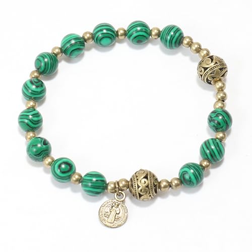 Nazareth Store Rosenkranz-Armband aus Steinperlen mit Metalltrennern und katholischer Medaille – langlebiger und eleganter Schmuck für das Handgelenk (Malachit | St. Benedikt) von Nazareth Store