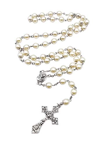 Nazareth Store Creme Perlen Rosenkranz Katholische Halskette Heiliger Boden Medaille Kreuz Christliches Heiliges Land Religiöse Geschenke Rosenkränze für Frauen und Männer von Nazareth Store