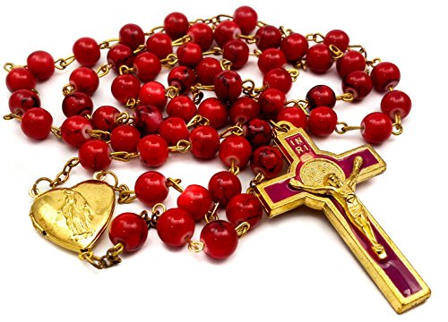 Nazareth Store Rote Korallenperlen Rosenkranz Halskette Katholischer Heiliger Benedikt Rosenkranz Herz Medaillon Medaille & Kreuz Religiöses Amulett für Frauen und Männer - Samttasche von Nazareth Store