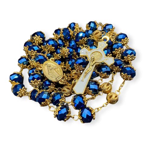 Nazareth Store St. Benedikt Tiefblaue Rosenkranz-Perlen katholischer Rosenkranz Halskette Golden Herren Frauen Chaplet Miraculous Medaille und Kreuz 55,9 cm, 55 cm, Kristall, Glas von Nazareth Store