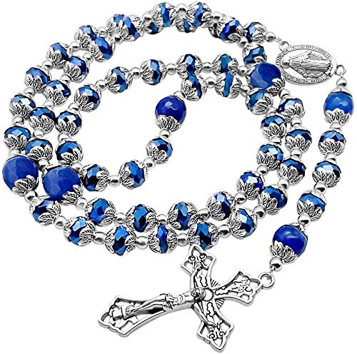 Nazareth Store Rosenkranz aus tiefblauen Kristallperlen, blaue Achat-Glory-Stein-Perlen-Halskette, wundersame Medaille und Kreuz, Kruzifix, Sammlung religiöser Rosenkränze von Nazareth Store
