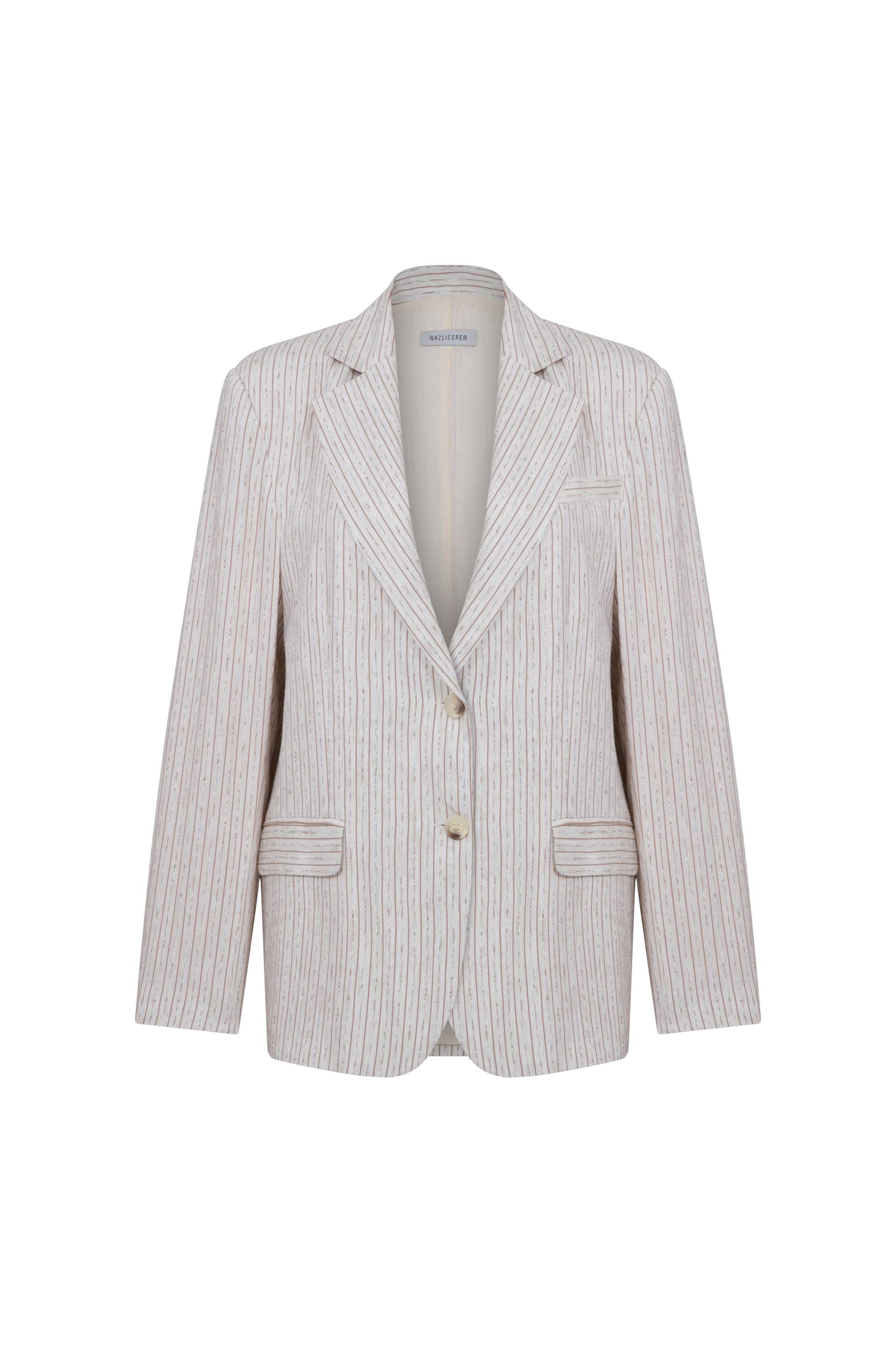 Boxy Oversize Striped Linen Blazer in Walnut von Nazli Ceren