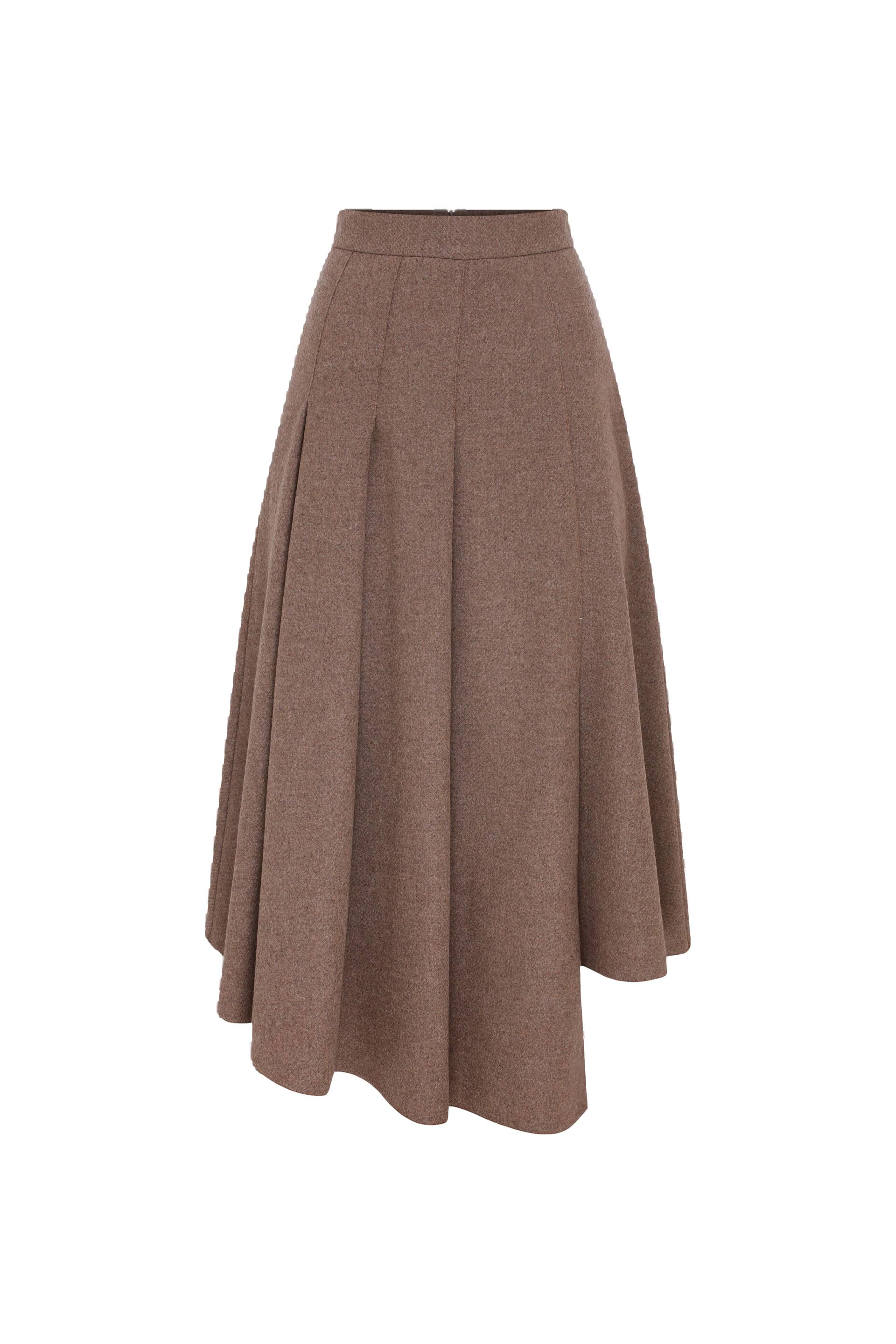 Eliza Wool Plaid  Asymmetric Midi Skirt in Mocha von Nazli Ceren