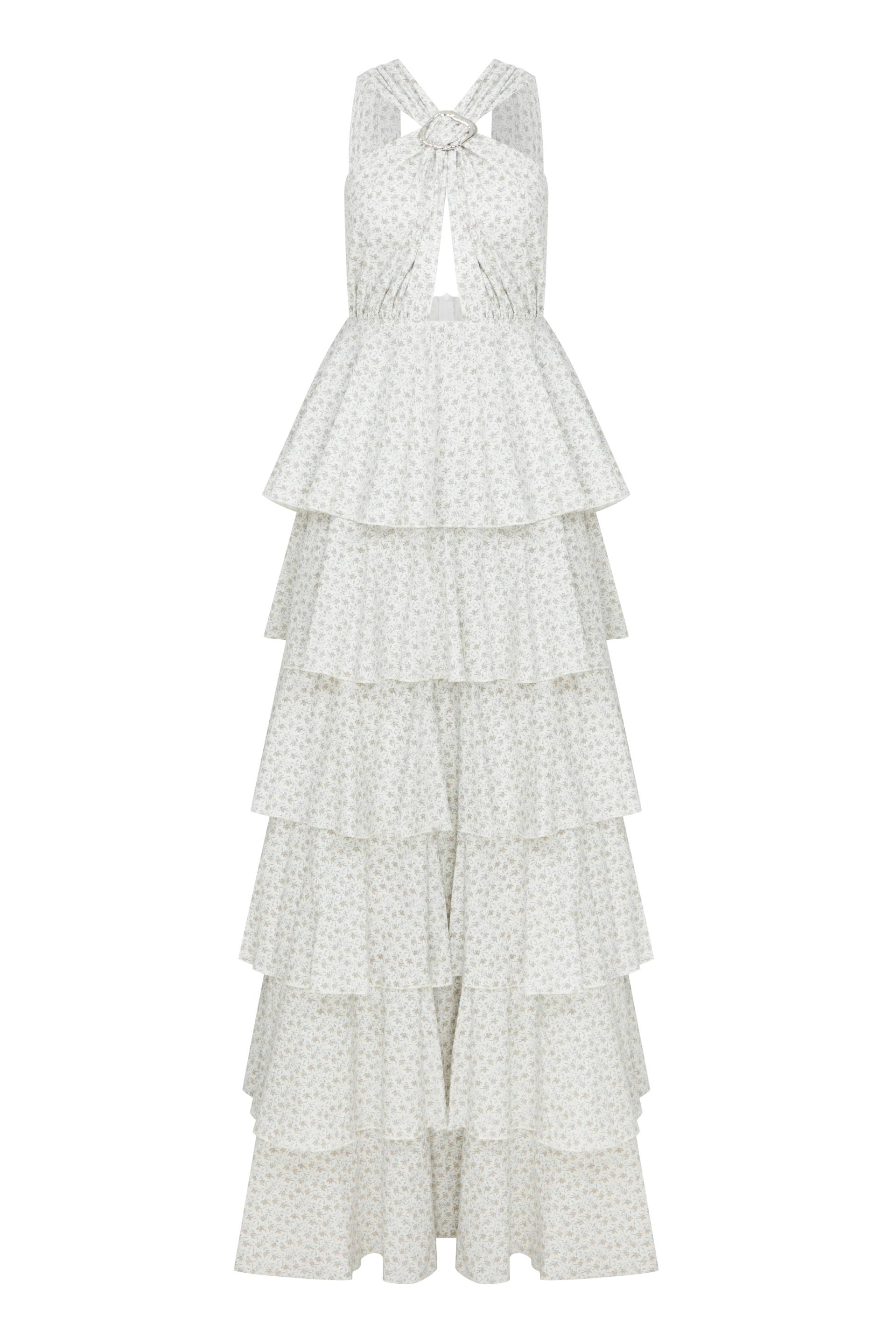 Nazli Ceren | Laurel Printed Cotton Long Dress in Cannoli Cream | Women's White Maxi dresses von Nazli Ceren
