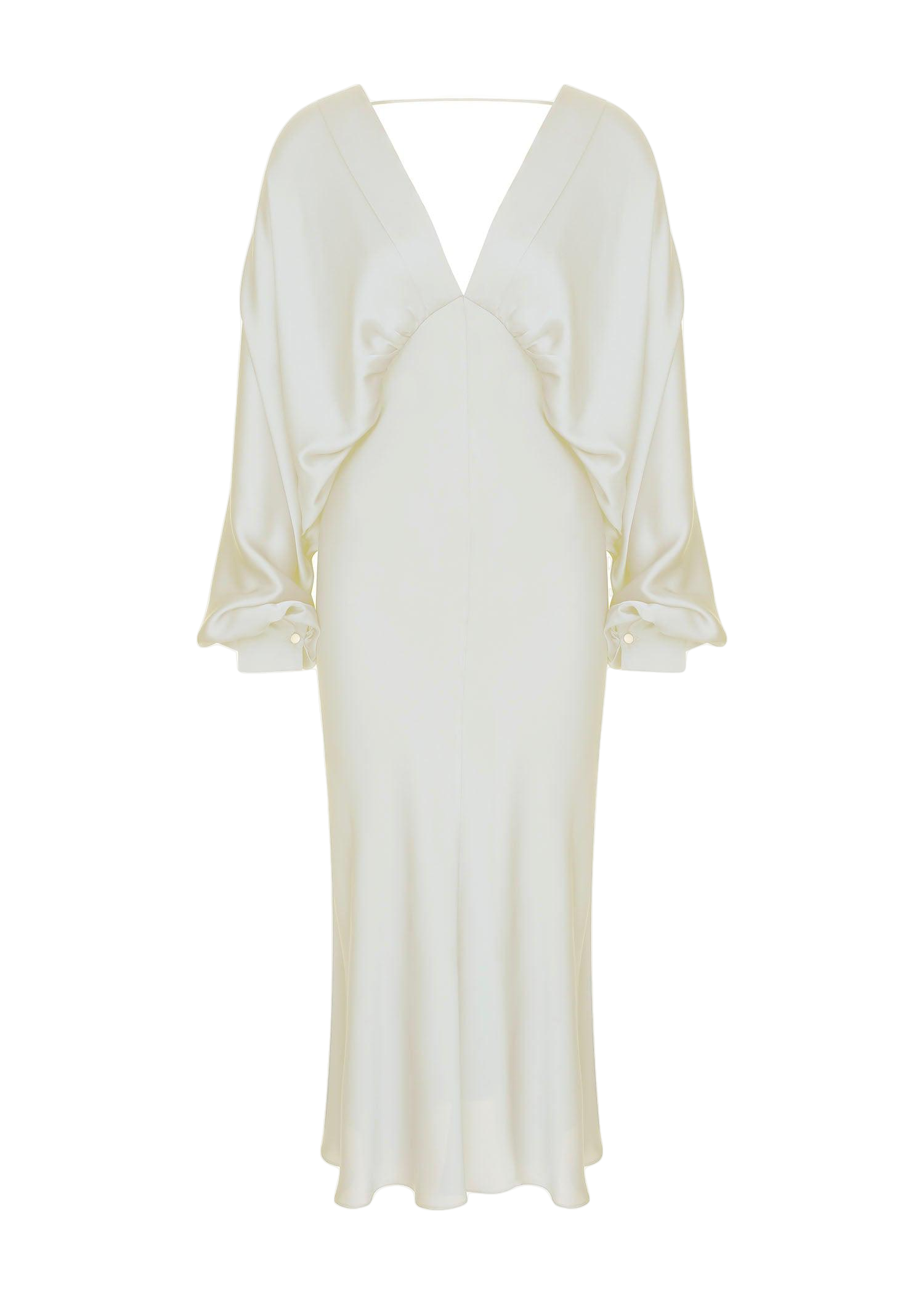 Nazli Ceren | Mila V neck Satin Dress in Blanche | Women's White Midi dresses von Nazli Ceren