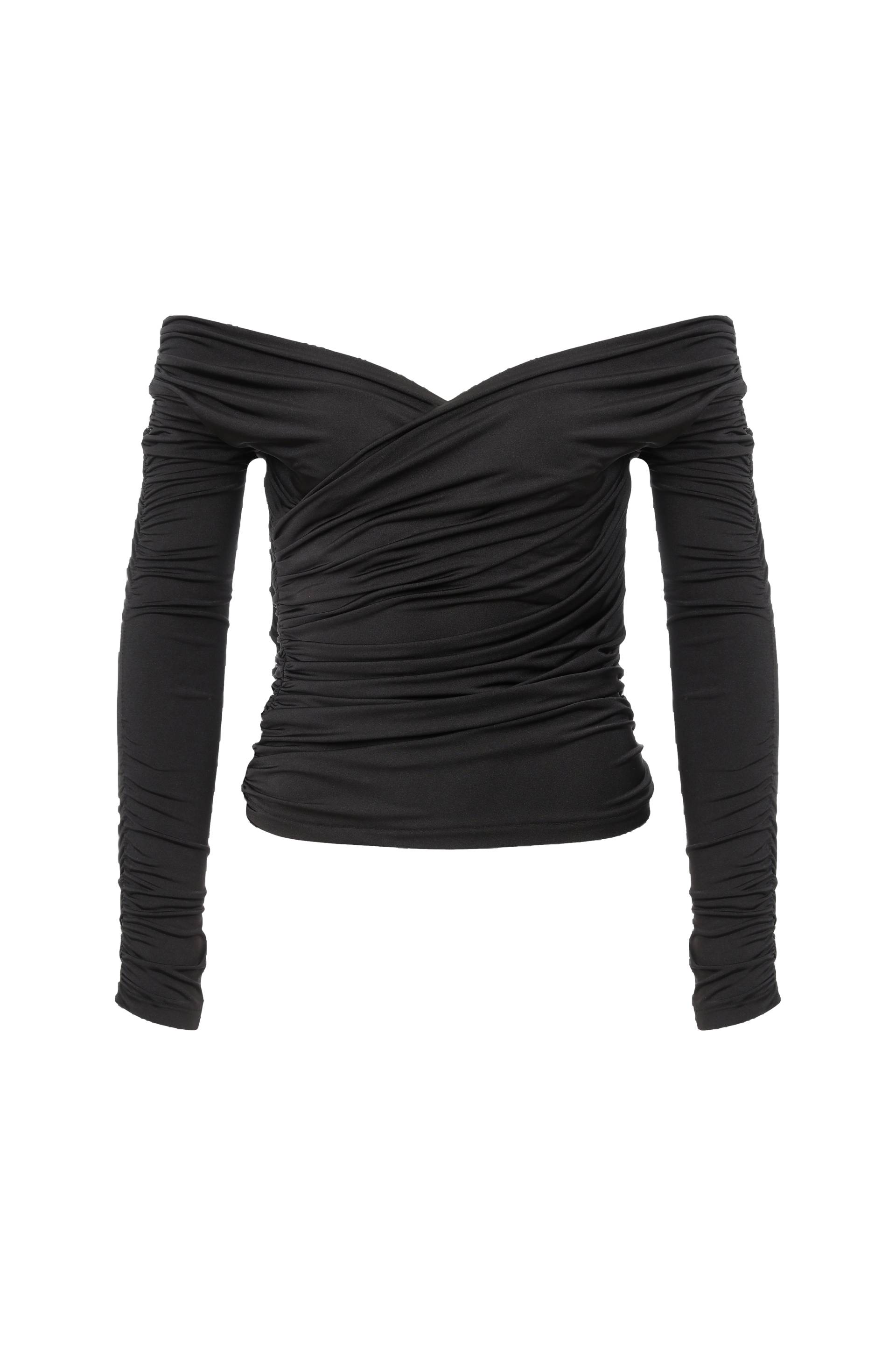 Monique Draped Jersey Blouse in Noire von Nazli Ceren