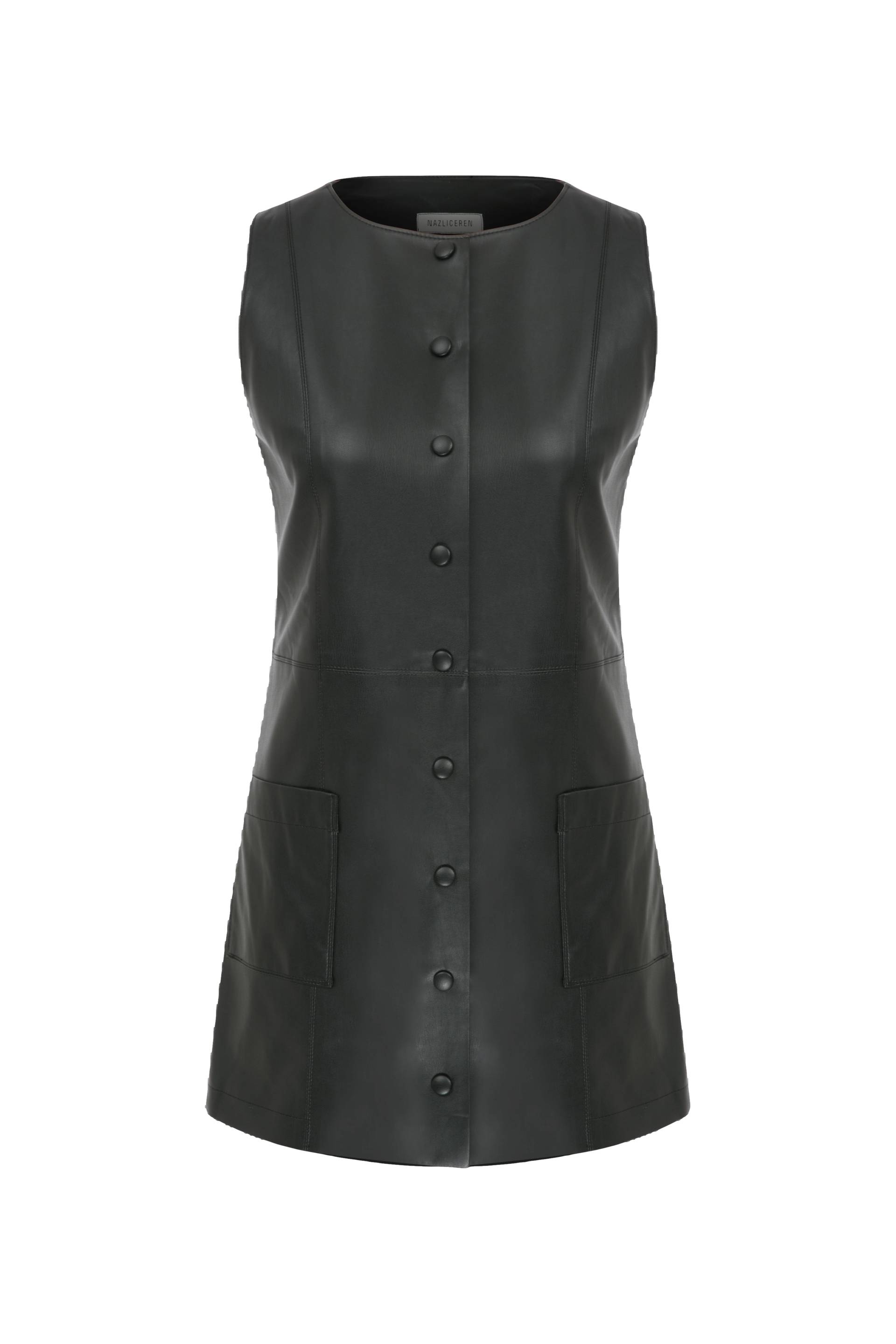 Odette Vegan Leather Mini Dress in Noire von Nazli Ceren