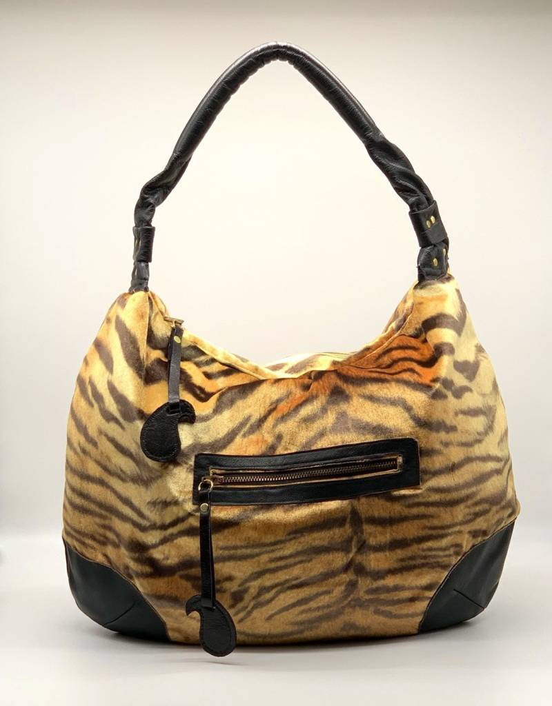 Schwarze Leder Und Tiger Imitat Umhängetasche Gross von NazneensPursenality
