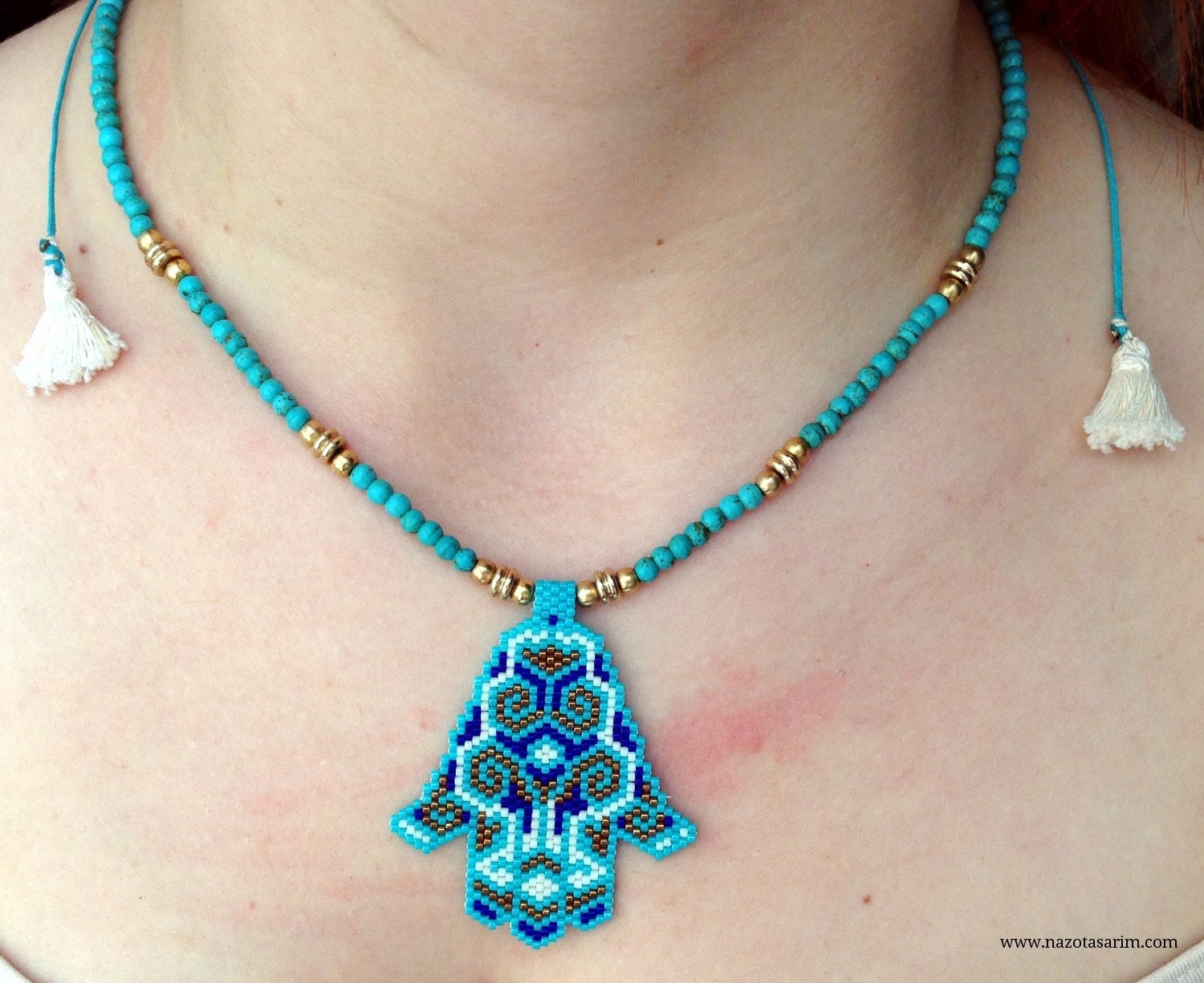 Fatimas Hand Halskette - Perlen Türkis Handgemachte Hamsa Evil Eye Halskette-Valentinstag Geschenk Fatimas Hand Halskette - Perlen Türkis Handgemachte Hamsa Evil Eye Halskette-Valentinstag Geschenk von NazoDesign