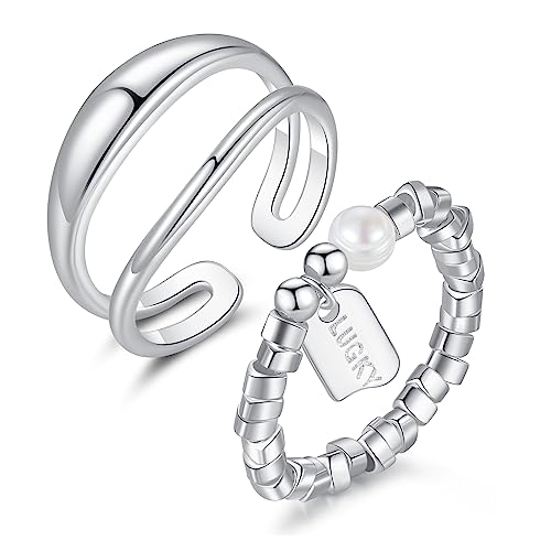 Nbsameng 925 Sterling Silber Ringe Set für Frauen Mädchen, stapelbare offene Ringe Größe einstellbar, Packung für Geschenk (Typ 5-Silber-2pcs) von Nbsameng