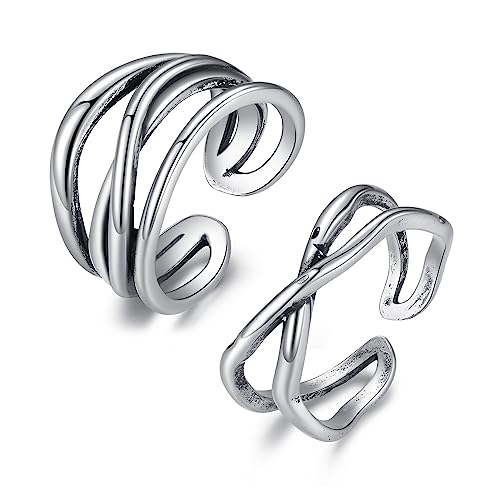 Nbsameng 925 Sterling Silber Ringe Set für Frauen Mädchen, stapelbare offene Ringe Größe einstellbar, Packung für Geschenk (Typ 8-Silber-2pcs) von Nbsameng
