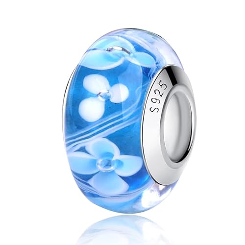 Nbsameng Glitzer Charme Blume Perlen aus Murano Glas Charms für Armbänder und Ketten für Damen, 925% Silber Anhänger,Blau von Nbsameng