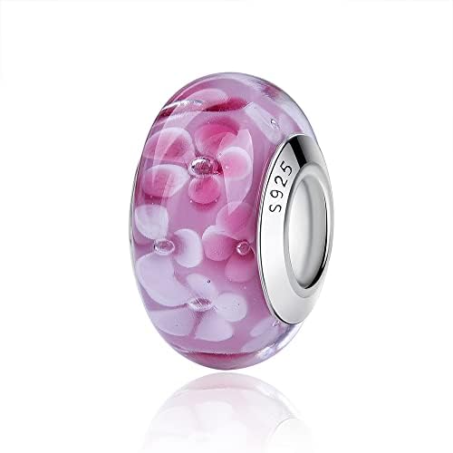 Nbsameng Glitzer Charme Blume Perlen aus Murano Glas Charms für Armbänder und Ketten für Damen, 925% Silber Anhänger,Dunkelpink von Nbsameng