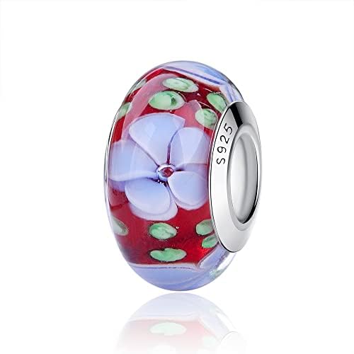 Nbsameng Glitzer Charme Blume Perlen aus Murano Glas Charms für Armbänder und Ketten für Damen, 925% Silber Anhänger,Rot von Nbsameng