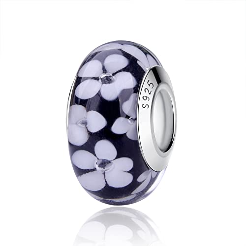 Nbsameng Glitzer Charme Blume Perlen aus Murano Glas Charms für Armbänder und Ketten für Damen, 925% Silber Anhänger,Schwarz und weiß von Nbsameng