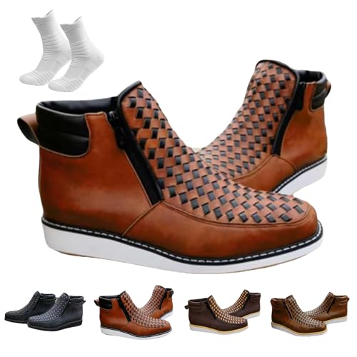 Nbzsmlkn Handgefertigte Western-Cowboystiefel, Orthopädische Herrenschuhe, Doppelreißverschluss, Handgewebte Lederstiefel Mit Quadratischer Zehenpartie (Braun,42) von Nbzsmlkn
