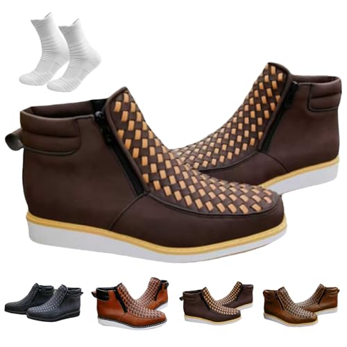 Nbzsmlkn Handgefertigte Western-Cowboystiefel, Orthopädische Herrenschuhe, Doppelreißverschluss, Handgewebte Lederstiefel Mit Quadratischer Zehenpartie (Kaffeebraun,44) von Nbzsmlkn