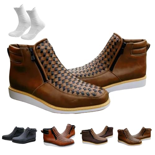 Nbzsmlkn Handgefertigte Western-Cowboystiefel, Orthopädische Herrenschuhe, Doppelreißverschluss, Handgewebte Lederstiefel Mit Quadratischer Zehenpartie (Khaki,45) von Nbzsmlkn