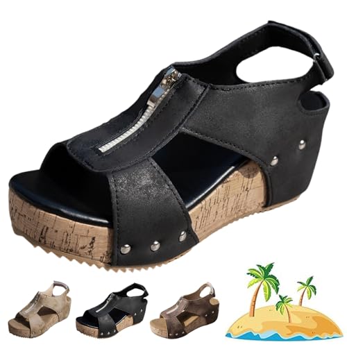 Nbzsmlkn Offene Damen-Keilsandalen Mit Korrekturfunktion, Plateau-Keilsandalen Mit Offener Zehenpartie Und Schnalle Sowie Knöchelriemen, Lässige Boho-Strandsandalen Mit Keilabsatz (Schwarz,38) von Nbzsmlkn