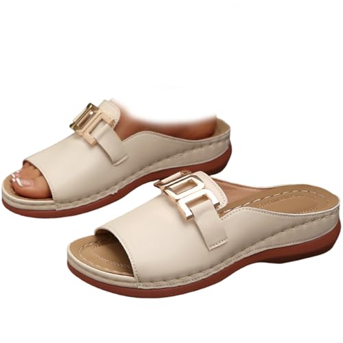 Nbzsmlkn Orthopädische Sandalen Mit Goldschnalle, Bequeme Orthopädische Keilsandalen Für Damen, Slipper Für Den Sommer, Strand Und Urlaub Mit Fußgewölbeunterstützung (Beige,38) von Nbzsmlkn