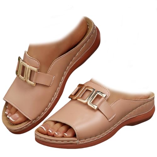 Nbzsmlkn Orthopädische Sandalen Mit Goldschnalle, Bequeme Orthopädische Keilsandalen Für Damen, Slipper Für Den Sommer, Strand Und Urlaub Mit Fußgewölbeunterstützung (Hellrosa,43) von Nbzsmlkn