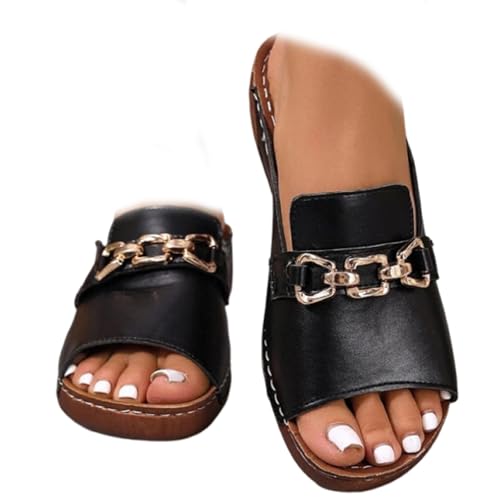Nbzsmlkn Orthopädische Sandalen Mit Goldschnalle, Bequeme Orthopädische Keilsandalen Für Damen, Slipper Für Den Sommer, Strand Und Urlaub Mit Fußgewölbeunterstützung (Schwarz,40) von Nbzsmlkn