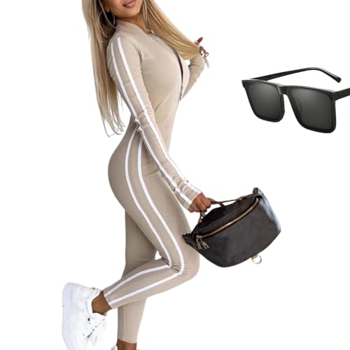 Nbzsmlkn Schlank Geschnittener Jumpsuit Mit Seitlichem Webmuster Und Halbem Reißverschluss Für Damen,figurbetonter Workout-Jumpsuit Mit Reißverschluss Vorne,dehnbarer Workout-Bodysuit (Braun,XL) von Nbzsmlkn