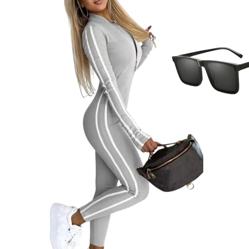 Nbzsmlkn Schlank Geschnittener Jumpsuit Mit Seitlichem Webmuster Und Halbem Reißverschluss Für Damen,figurbetonter Workout-Jumpsuit Mit Reißverschluss Vorne,dehnbarer Workout-Bodysuit (Grau,L) von Nbzsmlkn