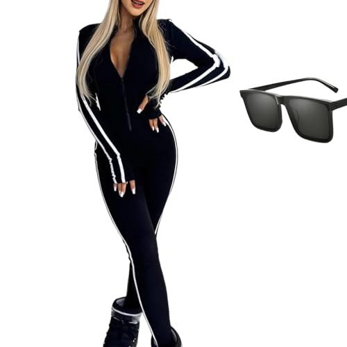 Nbzsmlkn Schlank Geschnittener Jumpsuit Mit Seitlichem Webmuster Und Halbem Reißverschluss Für Damen,figurbetonter Workout-Jumpsuit Mit Reißverschluss Vorne,dehnbarer Workout-Bodysuit (Schwarz,S) von Nbzsmlkn