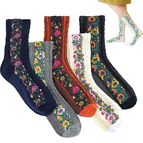 Neamou Frauen Stripe Flower Socken,Dicke Thermosocken 5 Paar/Set | Wärmespeichernde warme Wintersocken Kuschelige Socken für den kalten Winter auf dem Boden von Neamou