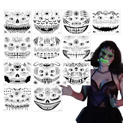 Neamou Halloween Streich Makeup Temporärer Aufkleber | Temporäre leuchtende Gesichtsaufkleber - Wasserdichte Wassertransfer-Horror-3D-Stereo-Partygeschenke für Jungen und Mädchen, Gesicht, Körper, von Neamou