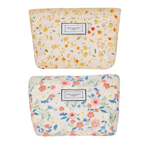 Nearawing Make-up-Taschen aus Segeltuch mit Blumenmuster – Organizer mit Reißverschluss für Innentasche, Kosmetik, Geldbörsen, Reisen und mehr, 2 Stück, Rosa + Gelb, Einfach und frisch von Nearawing
