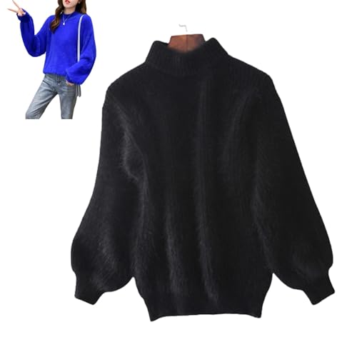 Nearflying Dame Winter Angora Kaschmir Mischung Lose Warme Pullover, Einfarbig Rundhalsausschnitt Strickpullover Flauschiger Pullover, Schwarz , One size von Nearflying
