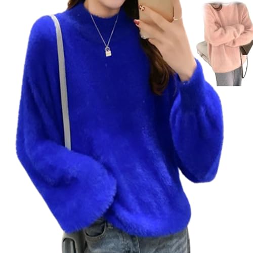 Nearflying Dame Winter Angora Kaschmir Mischung Lose Warme Pullover, Einfarbig Rundhalsausschnitt Strickpullover Flauschiger Pullover, blau, One size von Nearflying