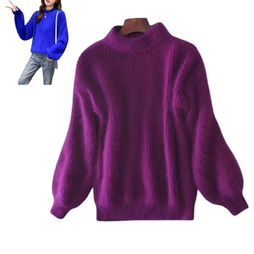 Nearflying Damen Winter Kaschmir Melange Angora Pullover Warm Loose Pullover Einfarbig Rundhals Flauschiger Pullover, violett, Einheitsgröße von Nearflying