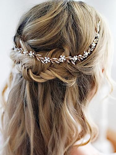 Haarschmuck Hochzeit Boho Braut Haarschmuck Haardraht Damen Kommunion Haarschmuck mit Blätter Kristall Brautschmuck Haare Blumen Kopfschmuck Braut für Frauen Brautjung Mädchen - Gold von Neatlife