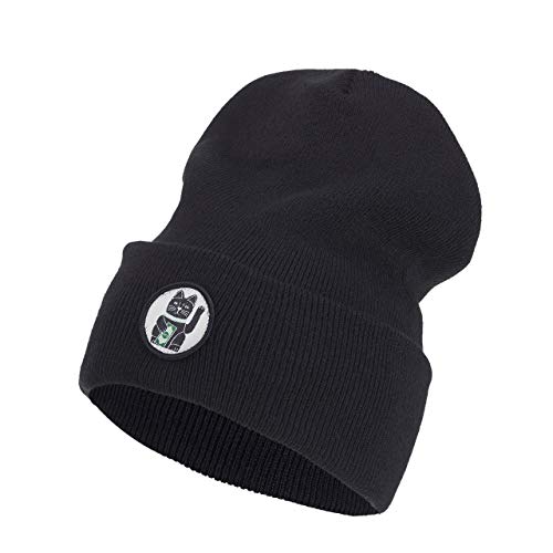 Nebelkind Beanie Winkekatze Schwarz Turn-Up Oversized Mütze One Size von Nebelkind