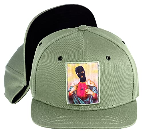 Nebelkind Snapback-Cap-Herren Damen Iconic Ikone Oliv-grün mit Sturmmaske, Einheitsgröße OneSize, Größenverstellbar, Unisex, hochwertige Basecap, Streetwear Style, Baseball-Kappe gerader Schirm von Nebelkind