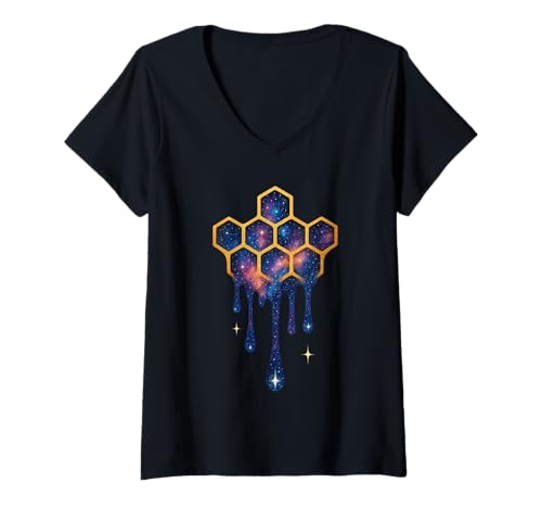 Damen Cosmic Honeycomb Dripping Space Art, Retro-Design, ästhetisches Design T-Shirt mit V-Ausschnitt Damen Cosmic Honeycomb Dripping Space Art, Retro-Design, ästhetisches Design T-Shirt mit V-Ausschnitt von Nebula Nectar