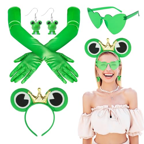 NebulaGlam 4 Stück Frosch Kostüm Erwachsene Kinder Frosch Haarreif Frosch Haarschmuck Frosch Ohrringe Herz Sonnenbrille Handschuhe für Frosch Kostüm Damen Fasching Karneval Kostüm Damen von NebulaGlam